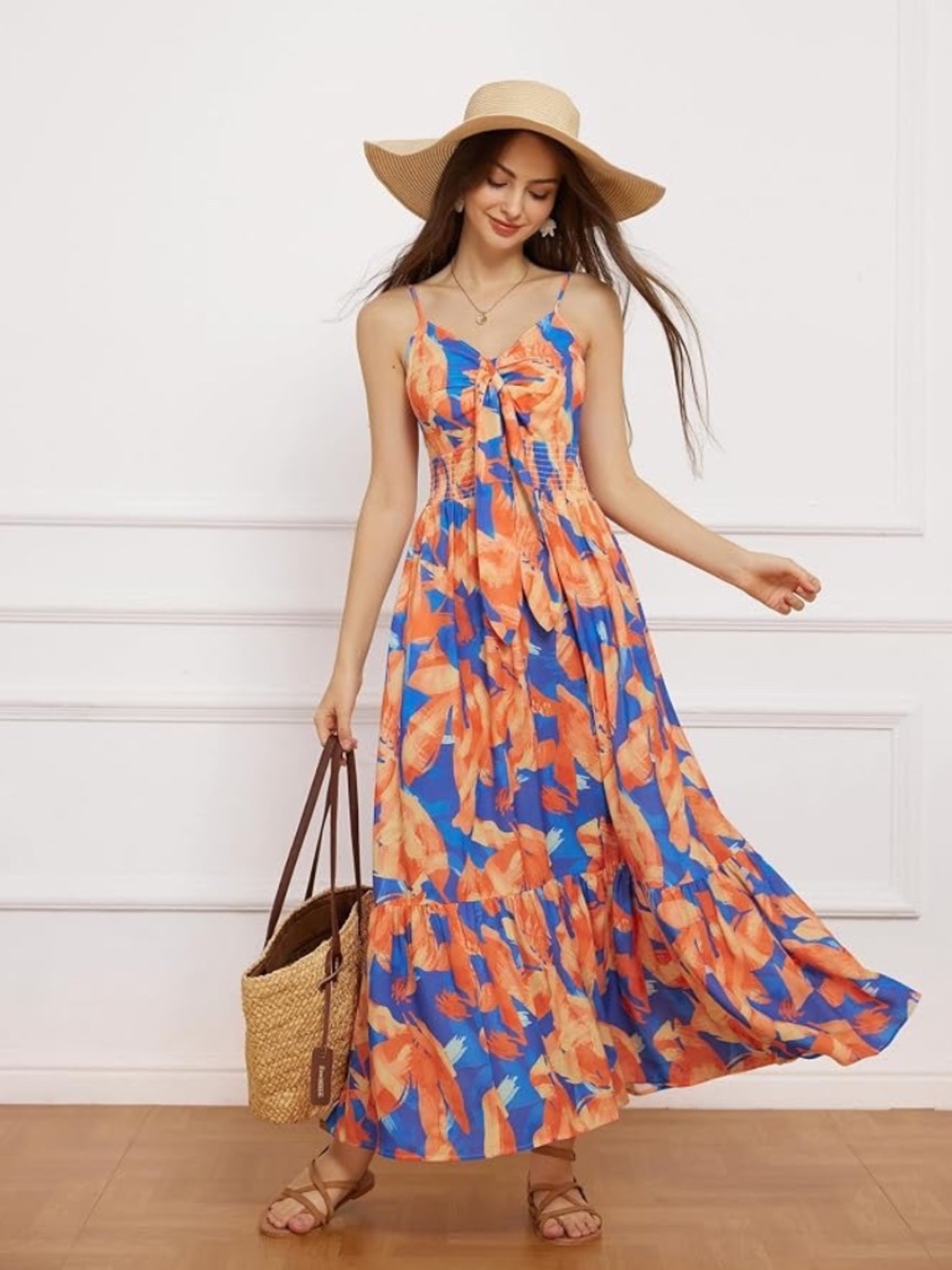 Grace Karin Blue & Orange Floral Tie Front Spaghetti Strap Maxi Dress SZ 2XL